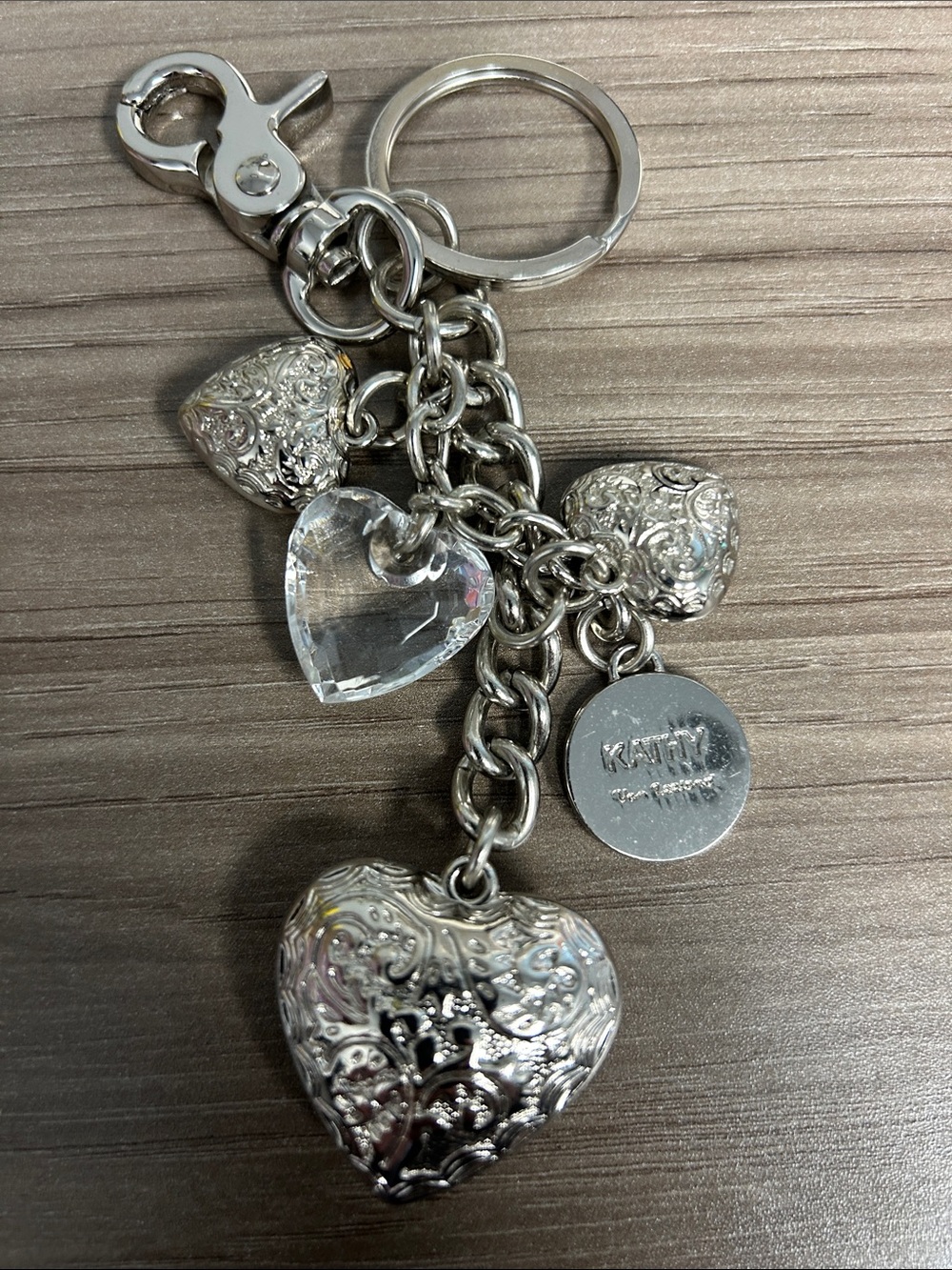 Kathy Van Zeeland Silver-Tone Heart Charm Keychain with Clear Crystal Heart